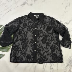 Fashion Bug Womens Vintage Y2k Lace Top Size L Black Sheer Floral Button Up